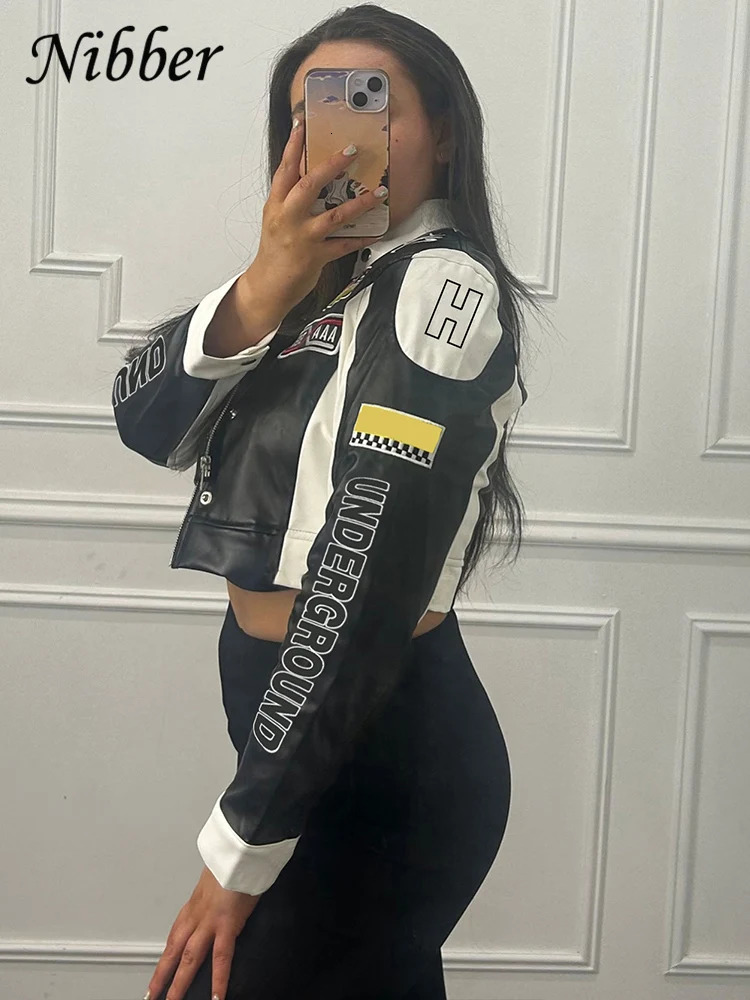 Nibber Hipster Faux Leather Jacket Women Y2K Letter Print Hipster Uniform Street SingleBreasted Cool Hipster Autumn Trend Coat 250903