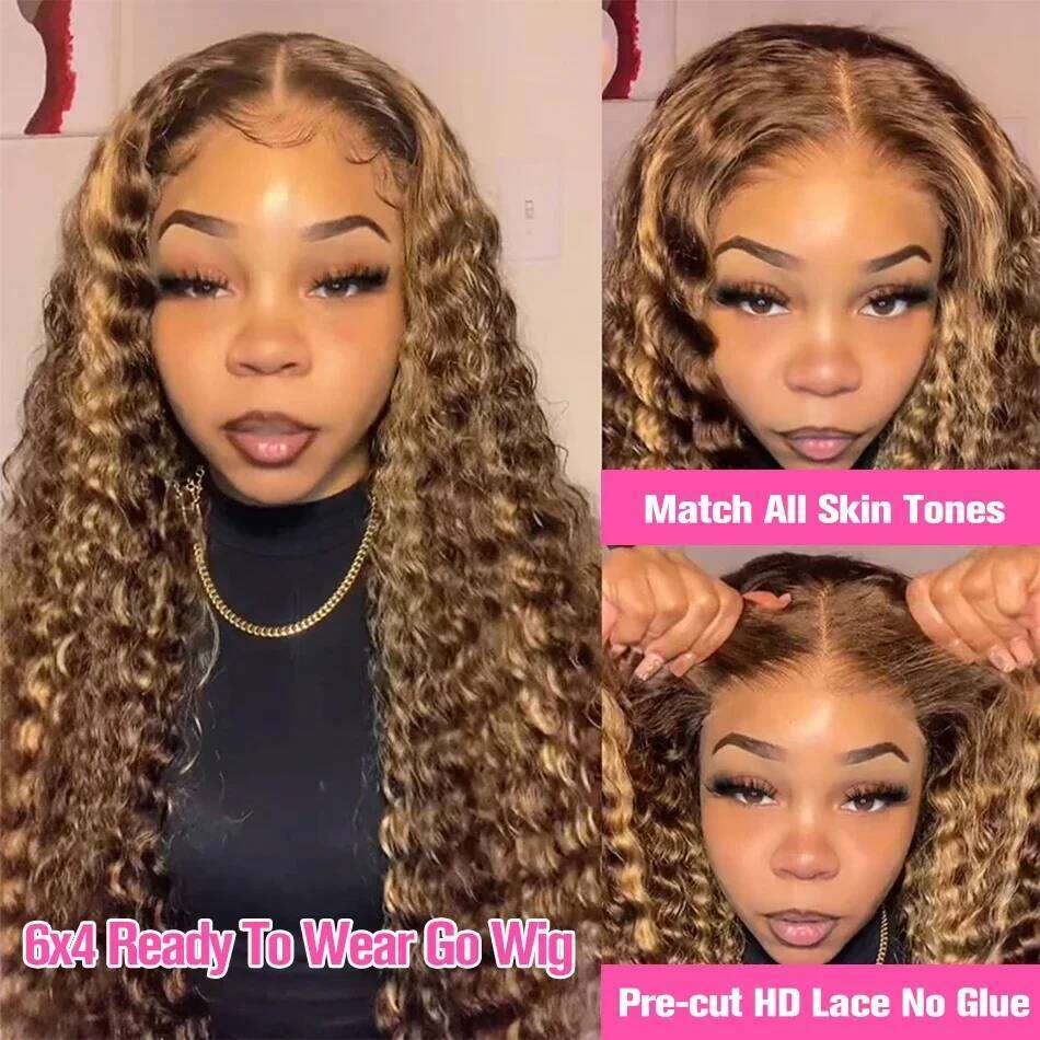 Highlight Brown Deep 13X6 Frontal Wig Honey Blonde Water Wave Wear Go Glueless 6X4 HD Lace Front Human Hair Wigs