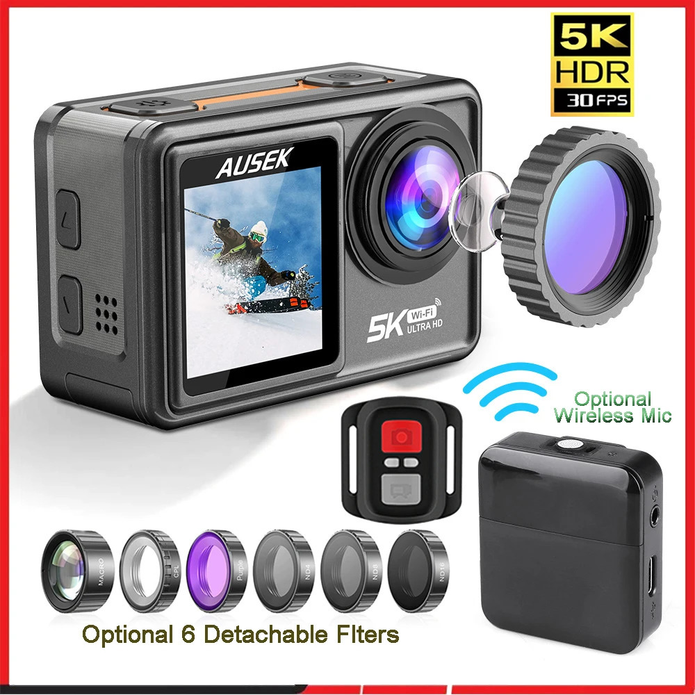 AUSEK S81TRW Action Camera 5K 4K60FPS 48MP DVR EIS With Optional Filters 5X Zoom 1080P Webcam Vlog Wi-Fi Sports Cam With Remote 250813