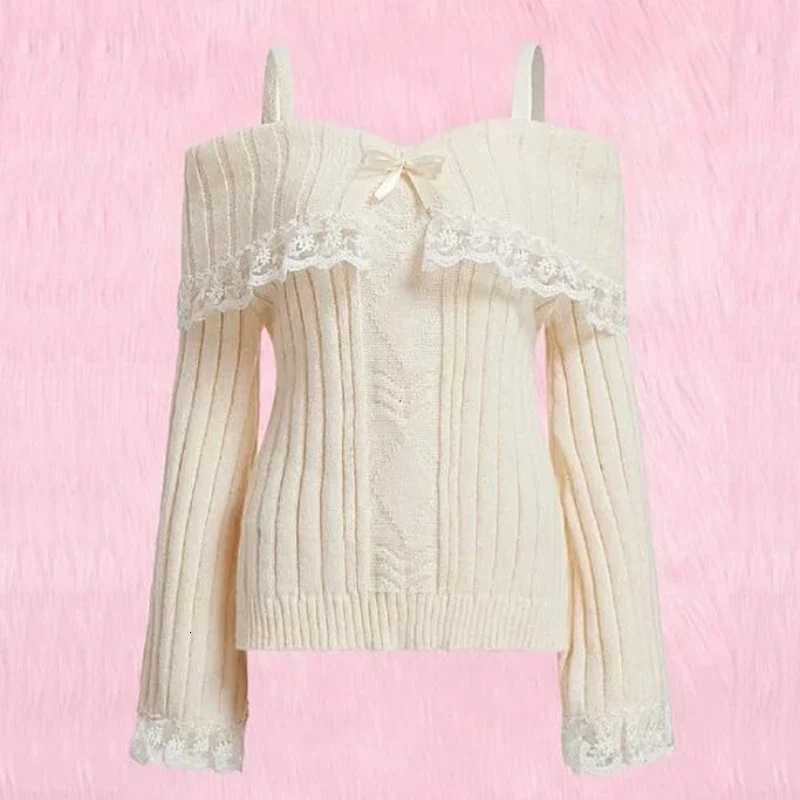 Women Off Shoulder Knit Sweater Pink Pullover Sweet Pullovers Long Sleeve Bow Lace Patchwork Jumpers Y2K Streetwear XJ250819