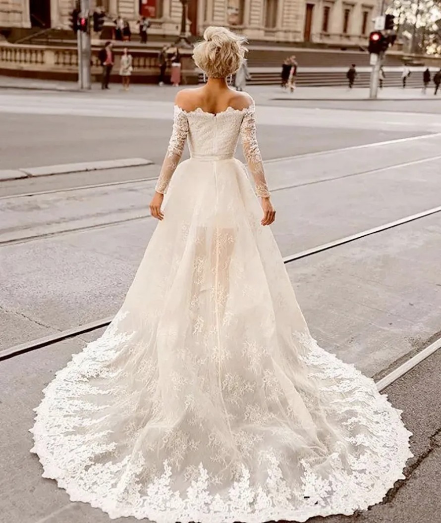 Modern A Line Sheath Short Wedding Dresses With Detachable Train Sexy Off The Shoulder Long Sleeve Bridal Gowns Lace Appliques Vestidos