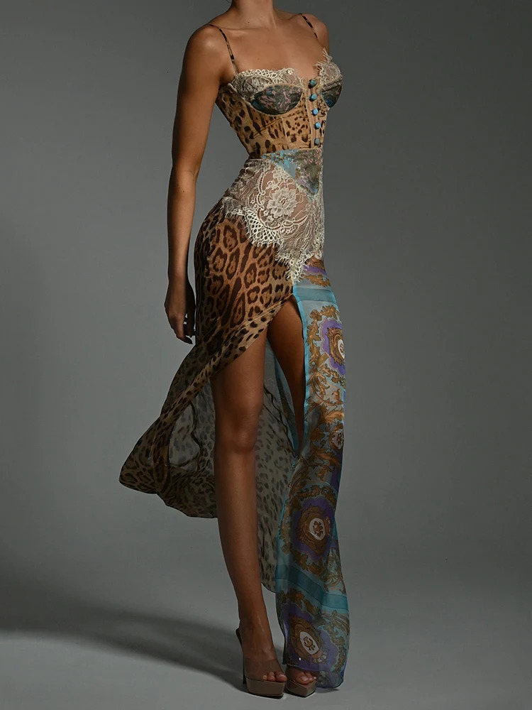 Mozision Leopard Print Lace Split Sexy Maxi Dress Women Gown Elegant Patchwork Chiffon Sleeveless Backless Beach Evening Dress 250819