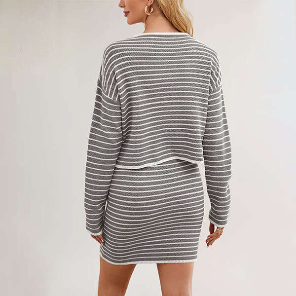 New Autumn And Winter Knitted Cardigan Casual Small Fragrance Style Striped Suit For Women B5