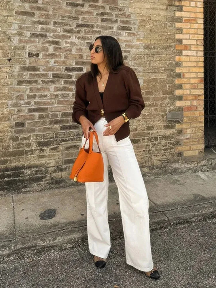 TRAF Womens Knitted Cardigan Jacket Fashion High Street Alien Button Trimmed ner Warm Sweater Style Chic Womenswear 250819