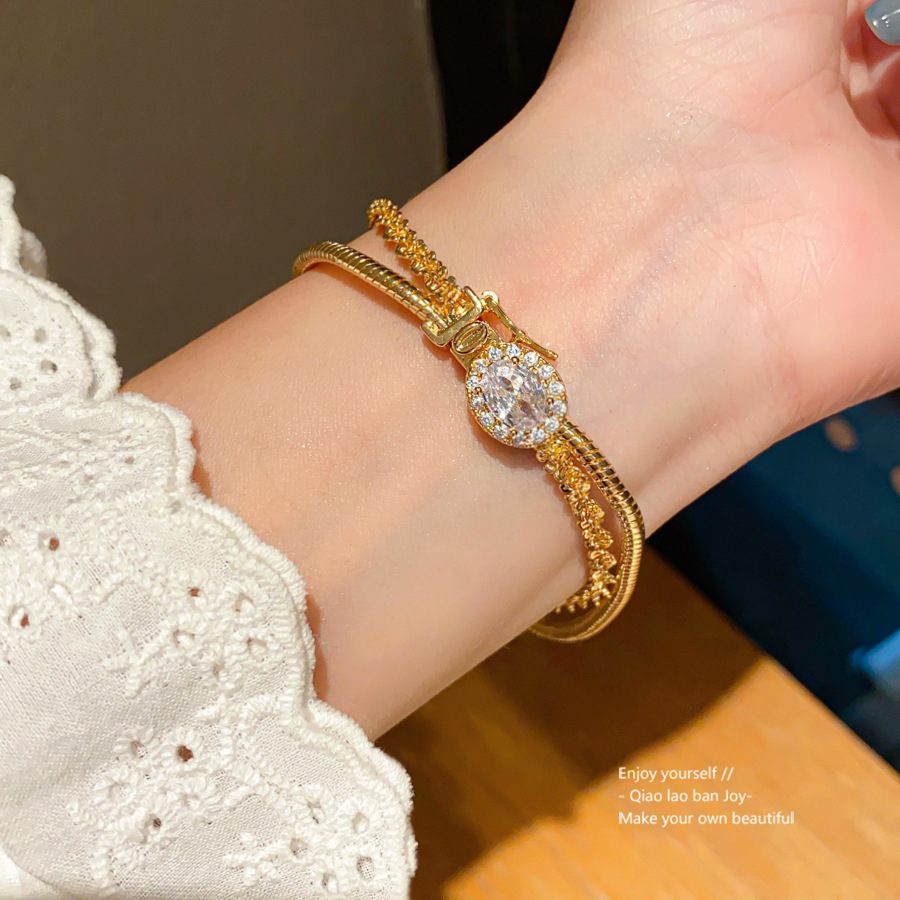 Gold Tone Multi - Layered Bracelet With Crystal - Encrusted Circular Pendant Elegant Daily And Party Wear Gift For Her High Quality And Stylish Jewelr