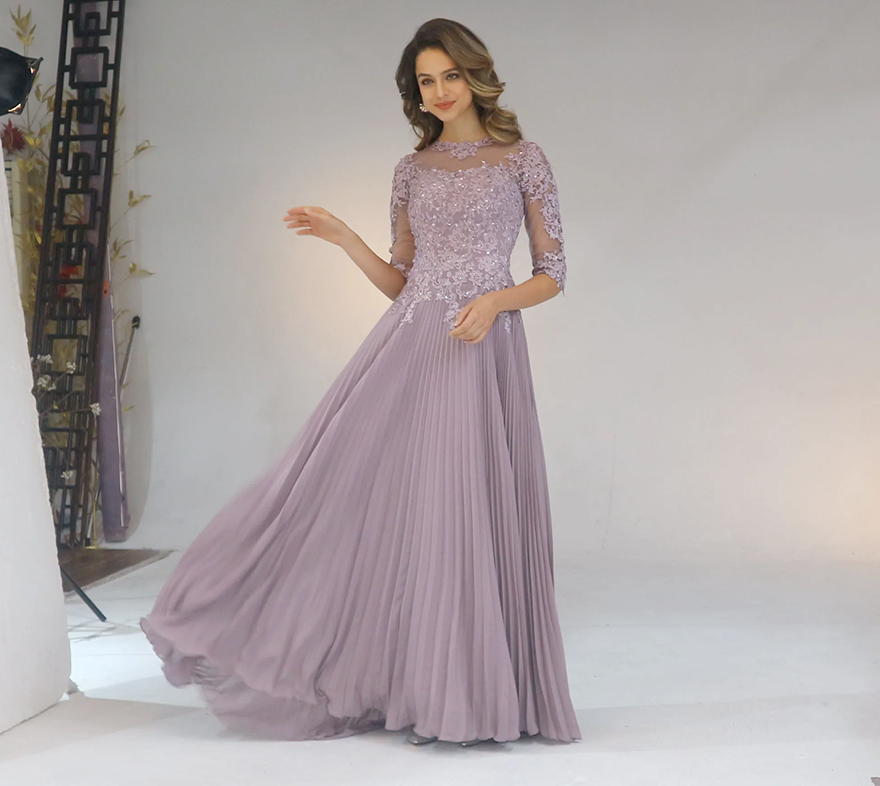 Werbowy Dress Chiffon Pleated Lace Applique A Line With 1/2 Sleeves Mother Of The Bride Dress Long Appliques Mother's Evening Dresses
