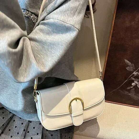 Summer Trendsetter Semi Round Saddle Shoulder Bag Vintage Style With Stylish Belt Buckle Premium Leather Messenger