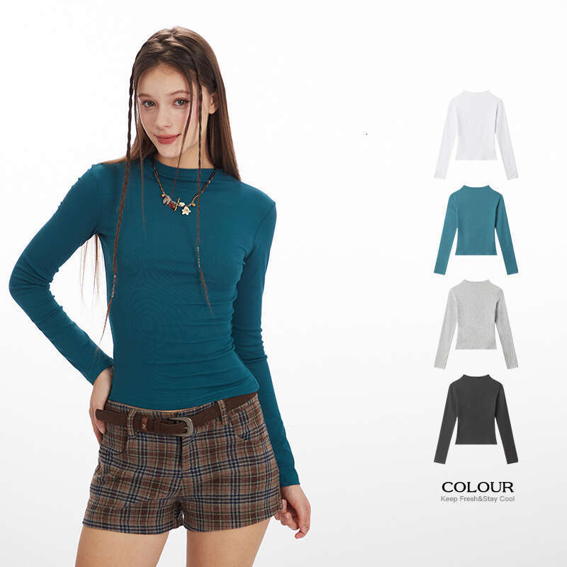 Spring And Autumn Stand Collar Solid Color Short Hot Girl Top Women Ins Versatile Long Sleeve T-Shirt B5