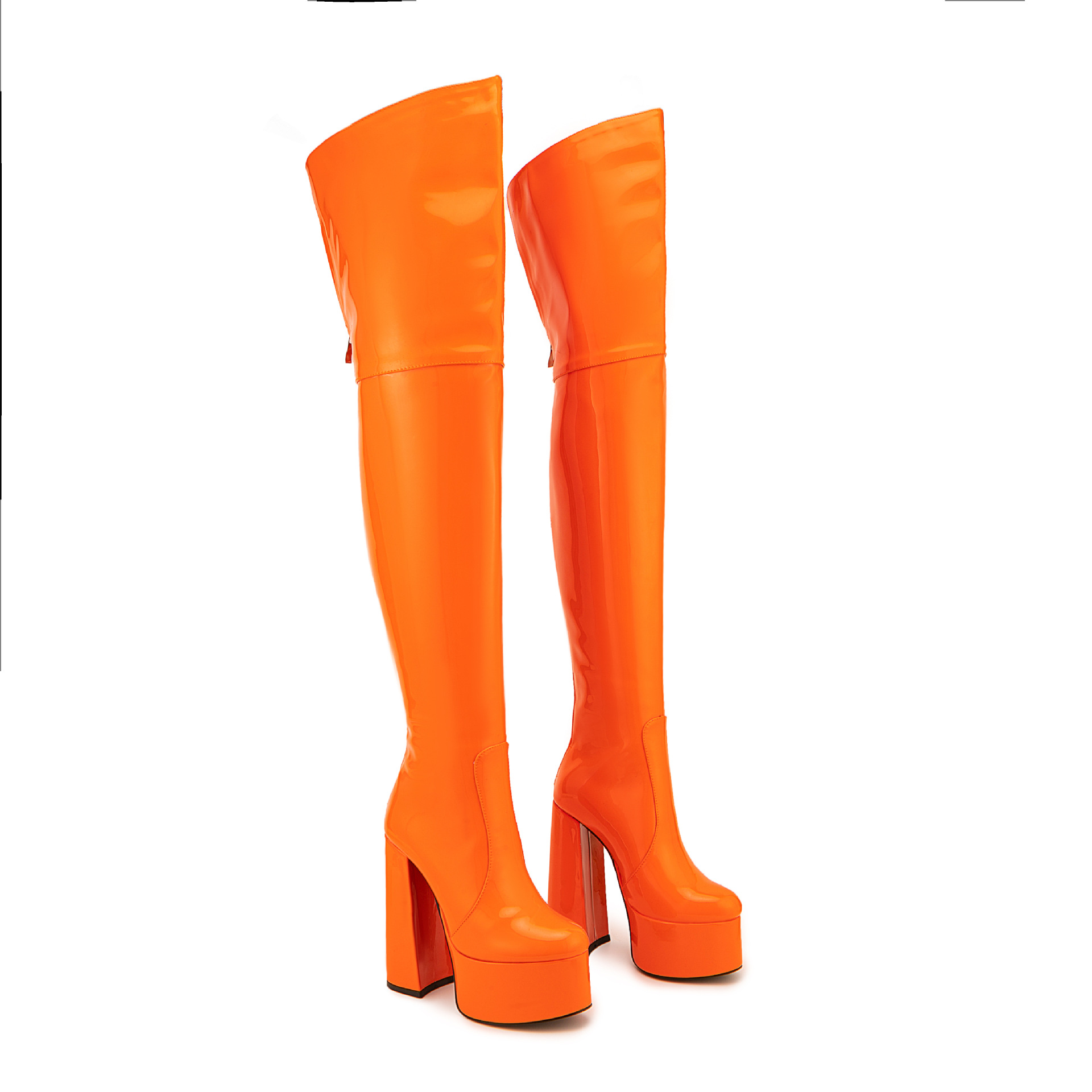Chengdu Handmade Patent Leather Over-Knee Boots - 8cm+ Chunky Heel and Water Platform (Magenta/Orange/Black) Pole Dance Performance Boots