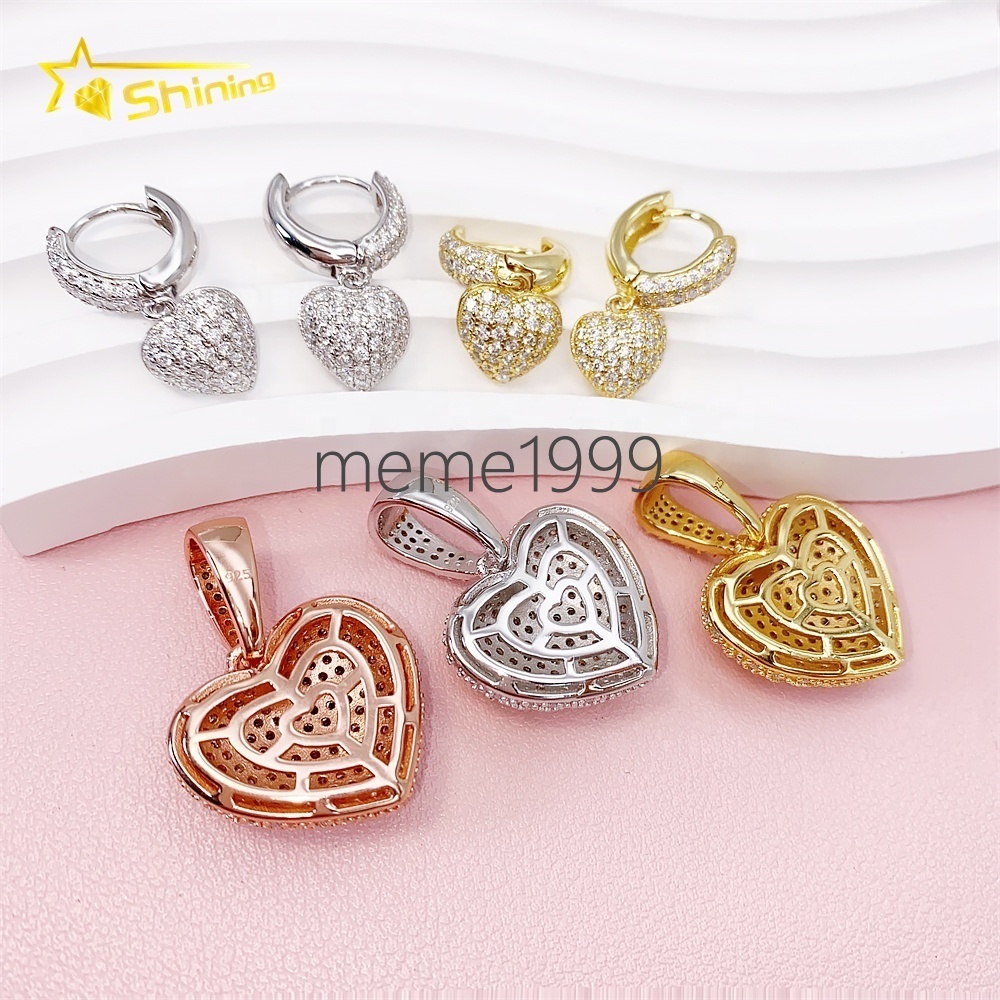 Cheap Price 925 Sterling Silver Fashion Jewelry Men Fully Iced Out VVS Diamond Moissanite Heart Pendant With Earrings