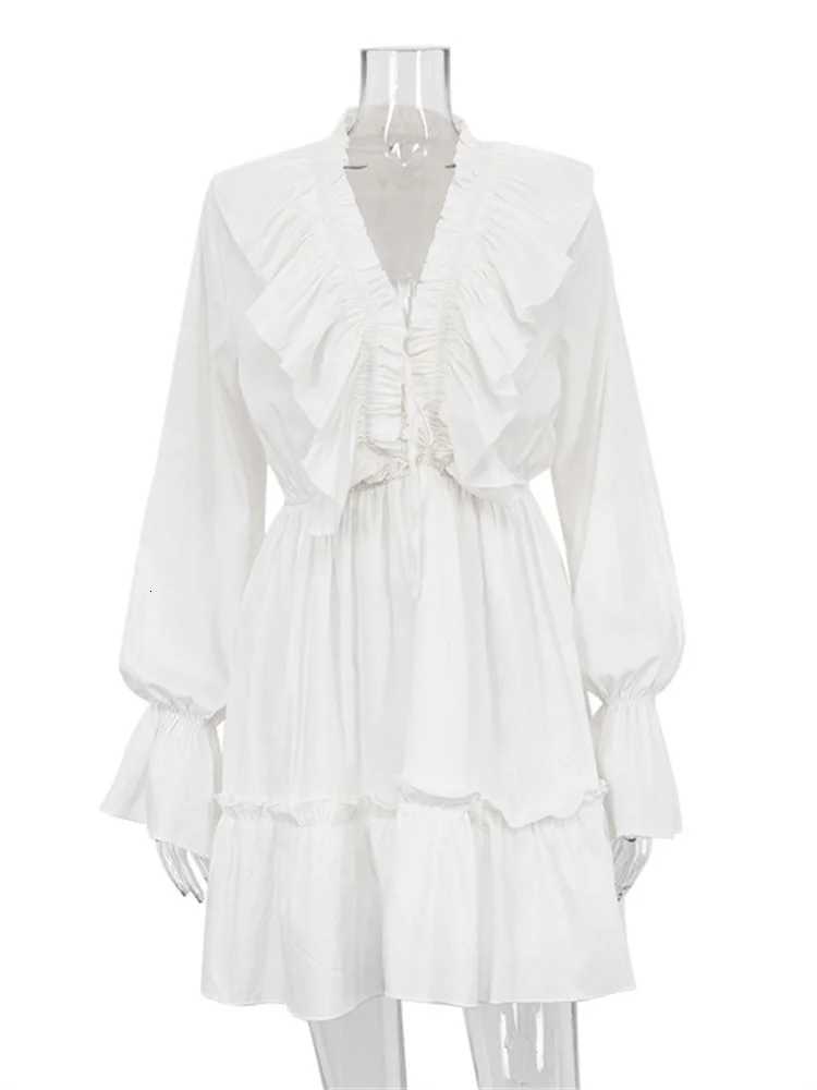 Tossy Ruffled V-Neck White Mini Dress Female Patchwork Long Sleeve Elegant Bandage Fashion Dress High Waist Lace-Up Women Dress M250623