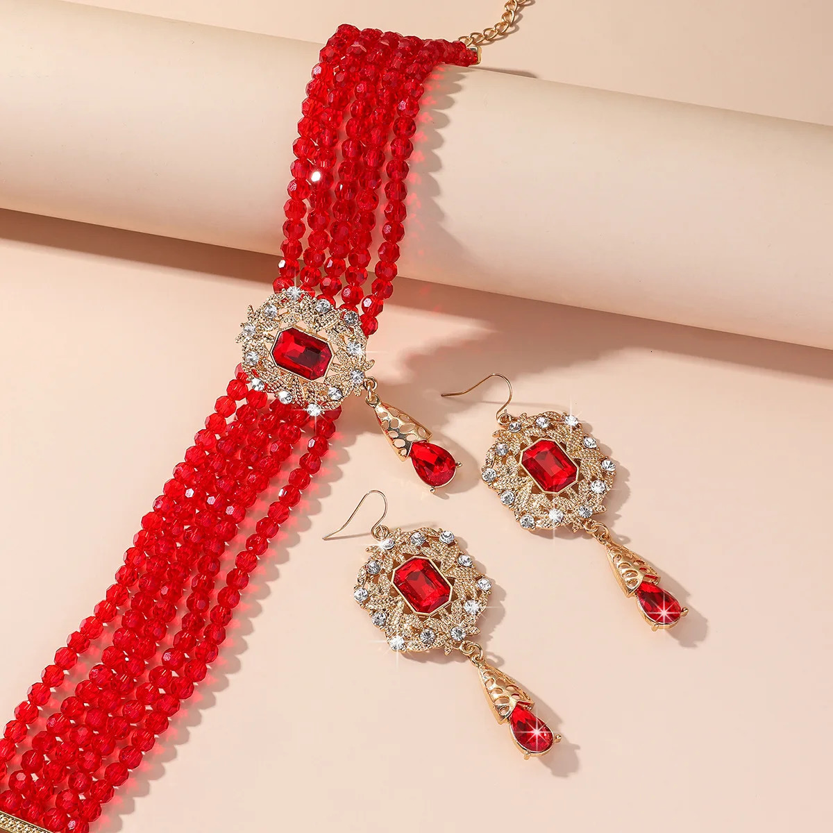 FYUAN Multilayer Green Red Blue Black Crystal Necklace Geometric Hollow Alloy Earrings For Women Weddings Banquet Jewelry Sets 250818