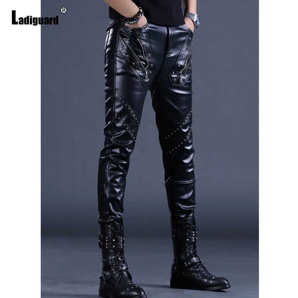 Men Fashion Rock Style PU Leather Pants Sexy Night Club Dance Pants Mens Rivets Zipper Faux Leather Slim Motorcycle Trousers New W250819