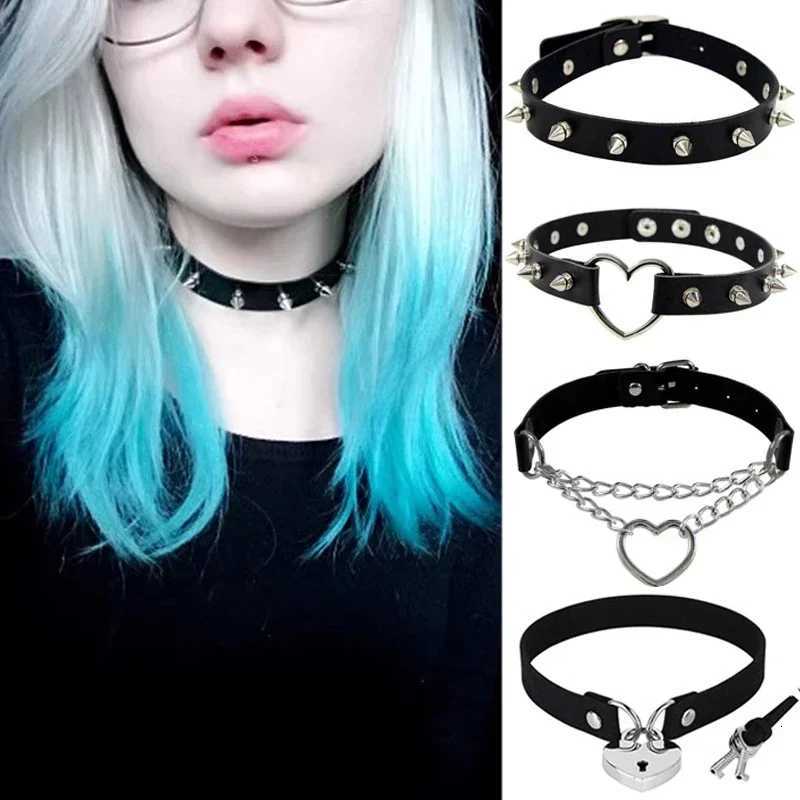 Gothic Choker Collar Necklace Woman Black Punk Sexy PU Leather Heart Lock Key Spike Chocker Goth Cosplay Party Jewelry Gifts Y250818
