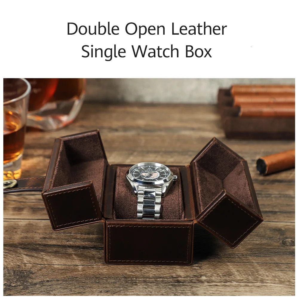 CONTACTS FAMILY Retro Cowhide Leather Single Slot Storage Case HandmadeTravel Portablel Watch Holder with Pillow 250819