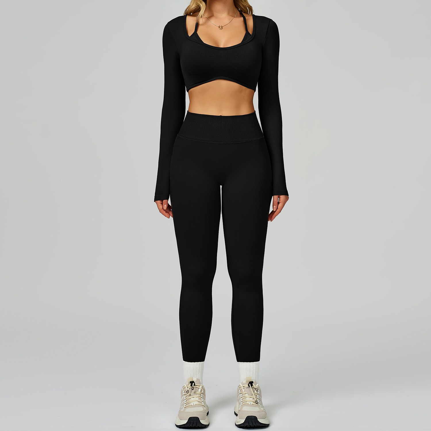 Women's Seamless Yoga Set - Halter Neck Long Sleeve & High-Waist Leggings for Sports