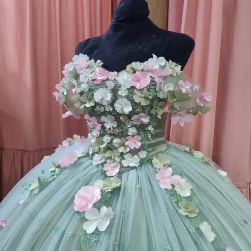 Light Green Shiny Princess Sweet 16 Dress Dress Quinceanera Dresses Applique Flower Tull Party Birthday Vestidos 15 De Anos