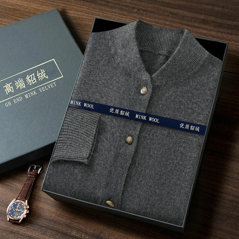 Autumn Winter Mens Loose Solid Color Sweater Mink Cashmere Cardigan Stand Up Collar Long Sleeved Casual Knit Jacket 250819