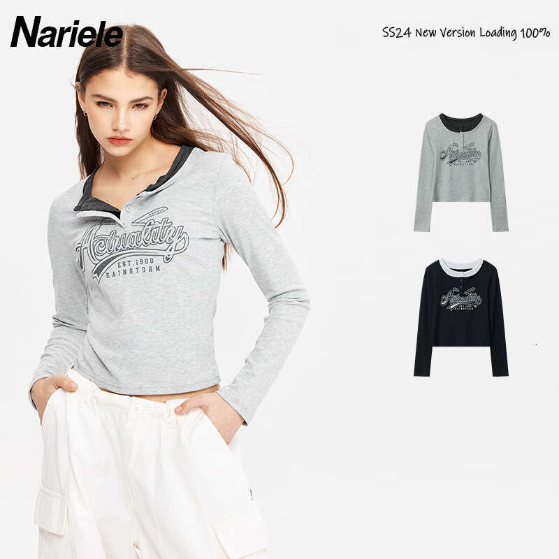 Spring Hot Girl Round Neck Fake Two-Piece Letter Design Short Slim Fit Long Sleeve T-Shirt Top B3