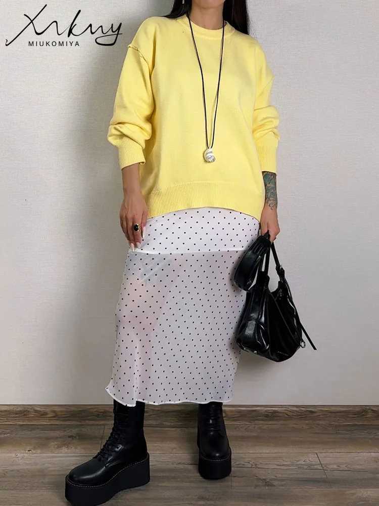 2025 Oversized Fall Yellow Sweaters for Women Brown Crewneck Sweater Top Ladies Office Warm Knitted Women Pullovers Winter Gray XJ250819