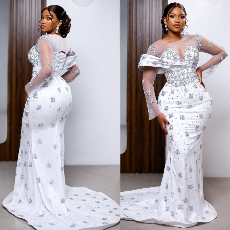 Plus Size Aso Ebi African Wedding Dress Bridal Gown For Bride Mermaid Wedding Gowns Sheer Neck Long Sleeves Beaded Rhinestones Bridal Dress D612