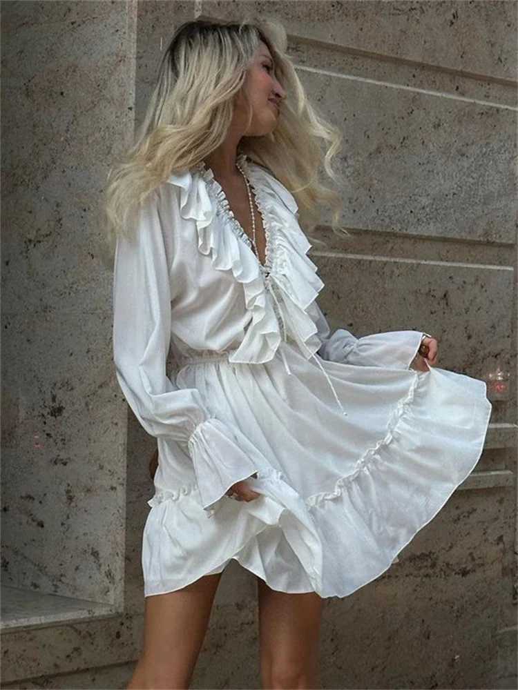 Tossy Ruffled V-Neck White Mini Dress Female Patchwork Long Sleeve Elegant Bandage Fashion Dress High Waist Lace-Up Women Dress M250623