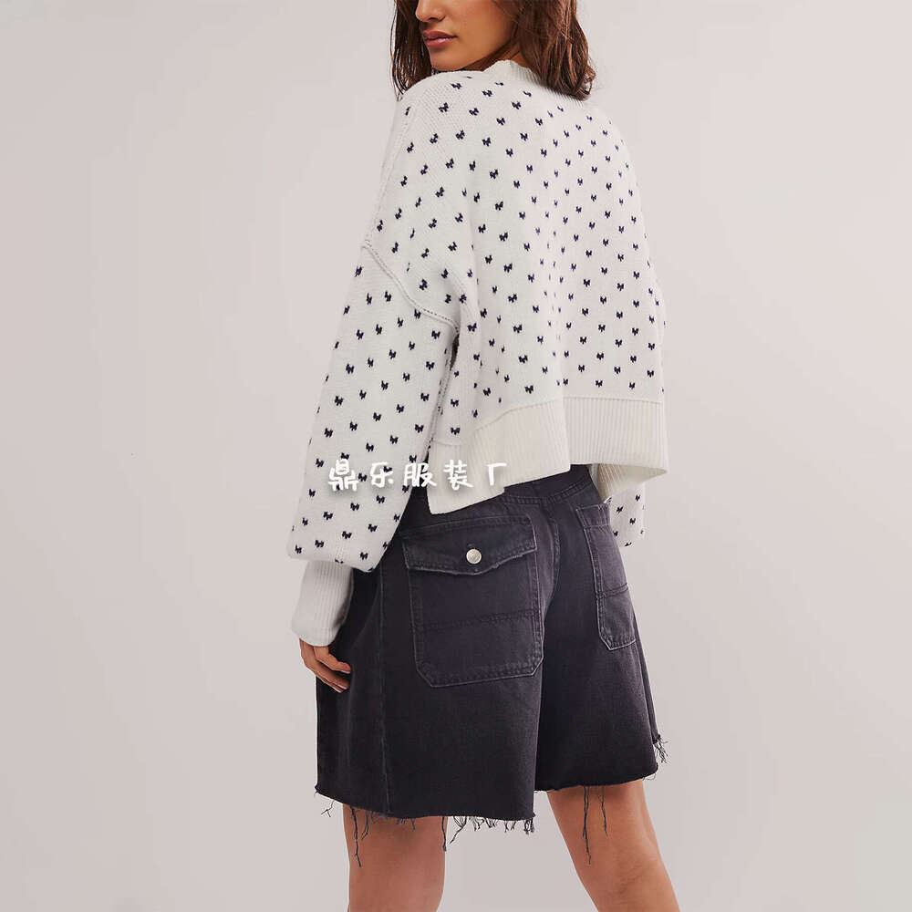New Autumn Winter Round Neck Knitted Sweater Short Loose Butterfly Jacquard Pullover Women's Fashion B5