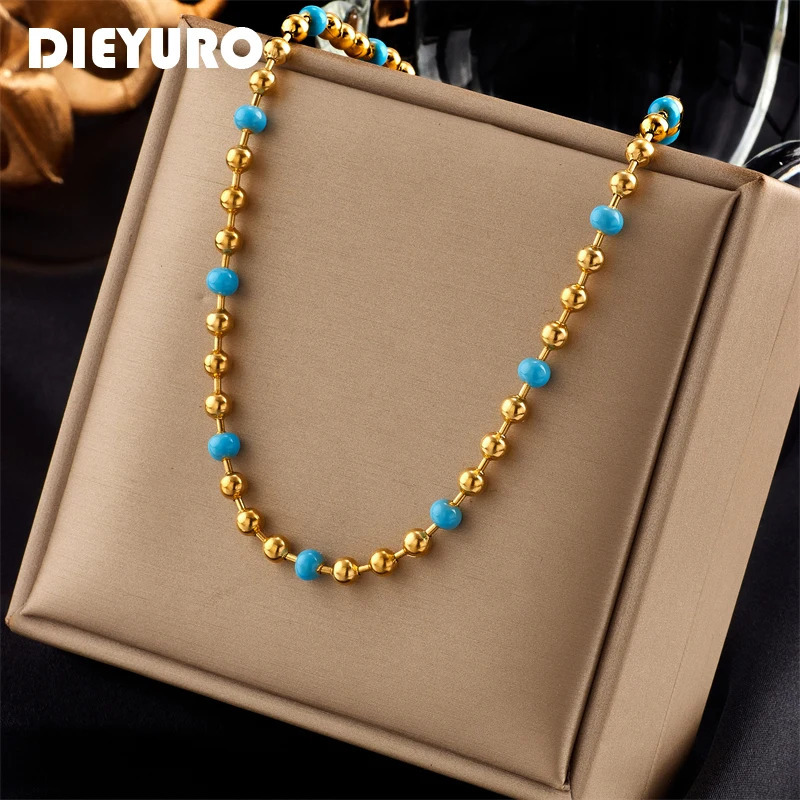 DIEYURO 316L Stainless Steel Gold Color Blue Beads Necklace For Women Vintage Girls Choker Chain Fashion Party Jewelry Gift 250815