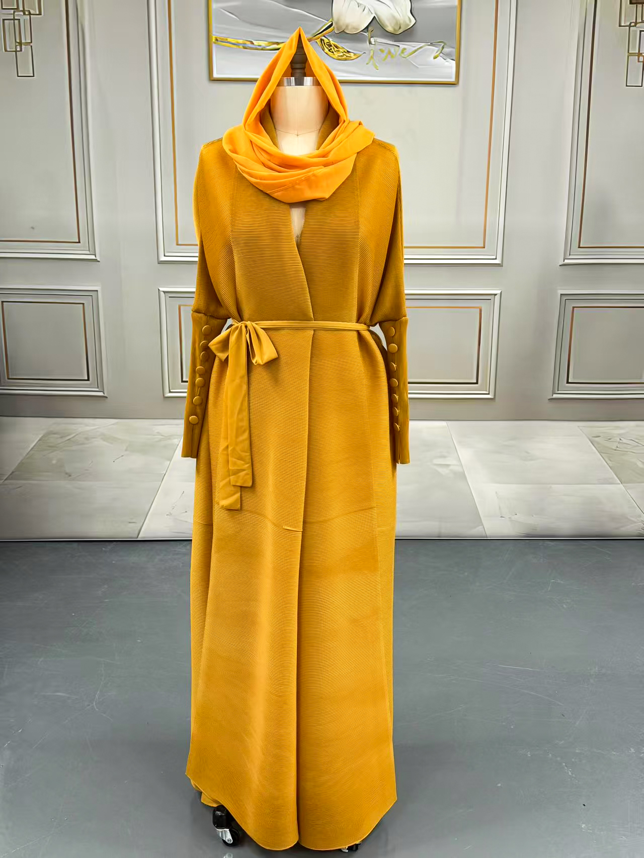 Long robe coat Ethnic Clothing The Middle Eastern printed pleated robe coat is elegant in Arab style 25309