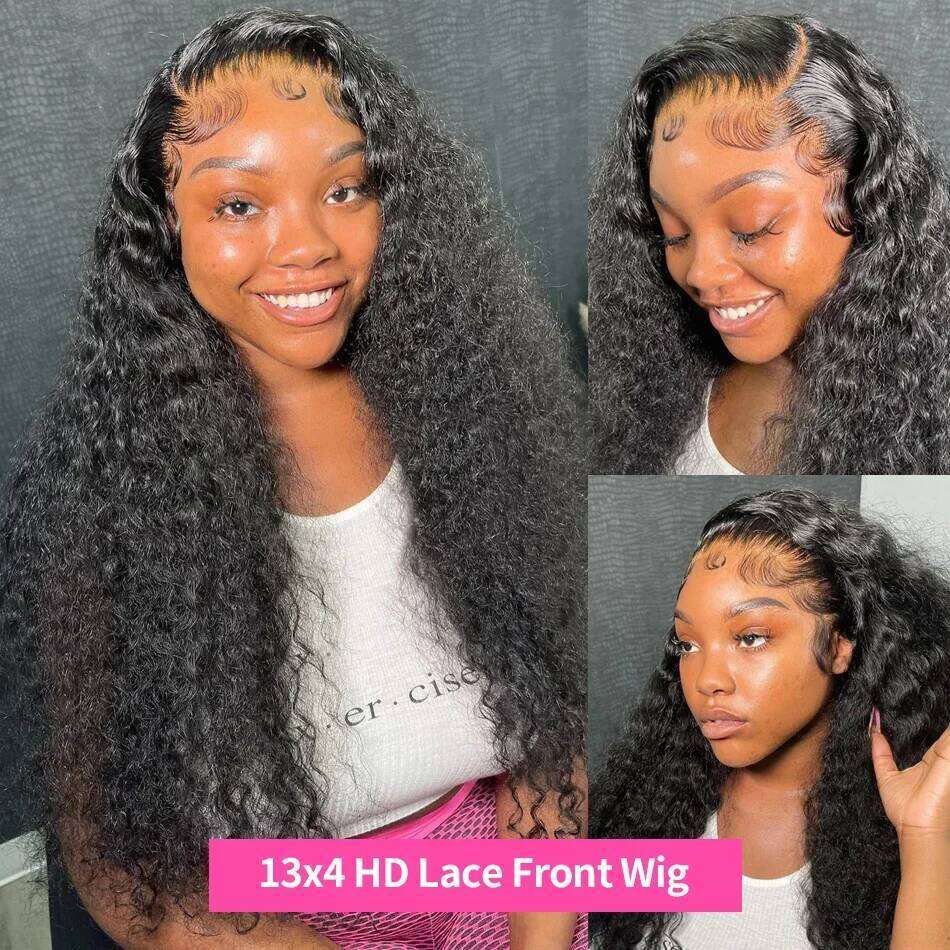 300% Deep Frontal Wig Curly 13X6 HD Front 250% Water Wave Full Human Hair Lace Wigs 30 40 Inch