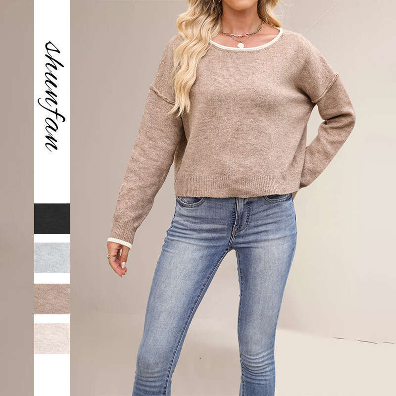 New Women's Clothing Autumn Winter Round Neck Color Block Knitted Loose Versatile Pullover Sweater B3