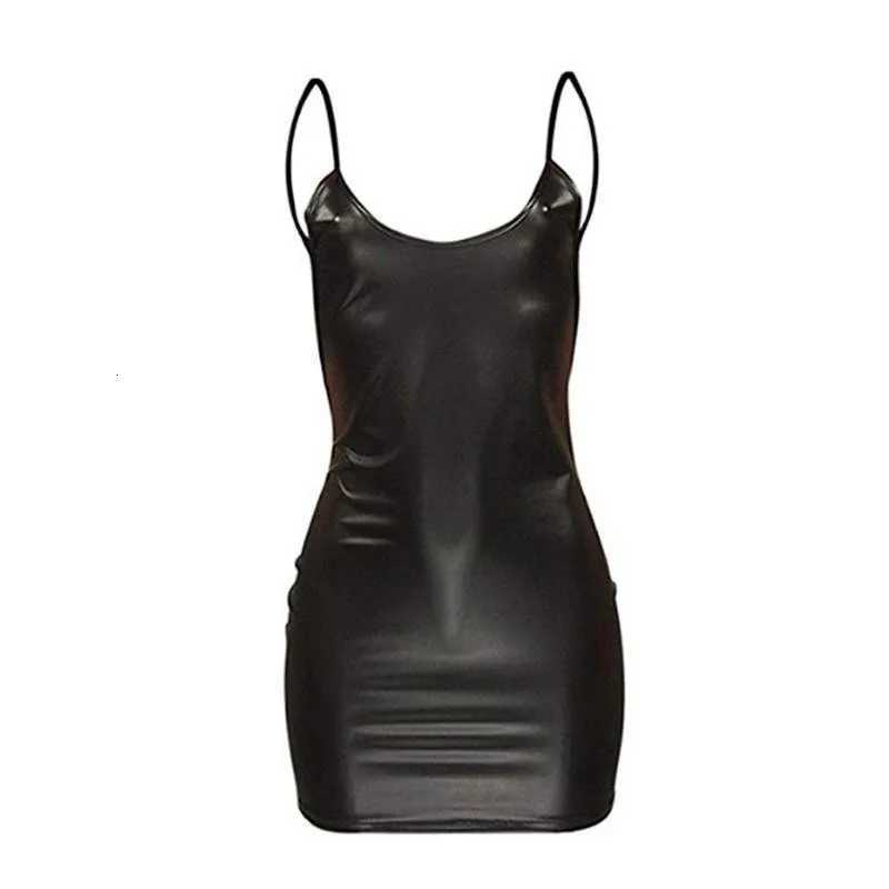 Sexy Faux Leather Dress Backless Club Party Short Dress Solid Black Wet Look Latex Bodycon Push Up Bra Mini Micro Dress M250623