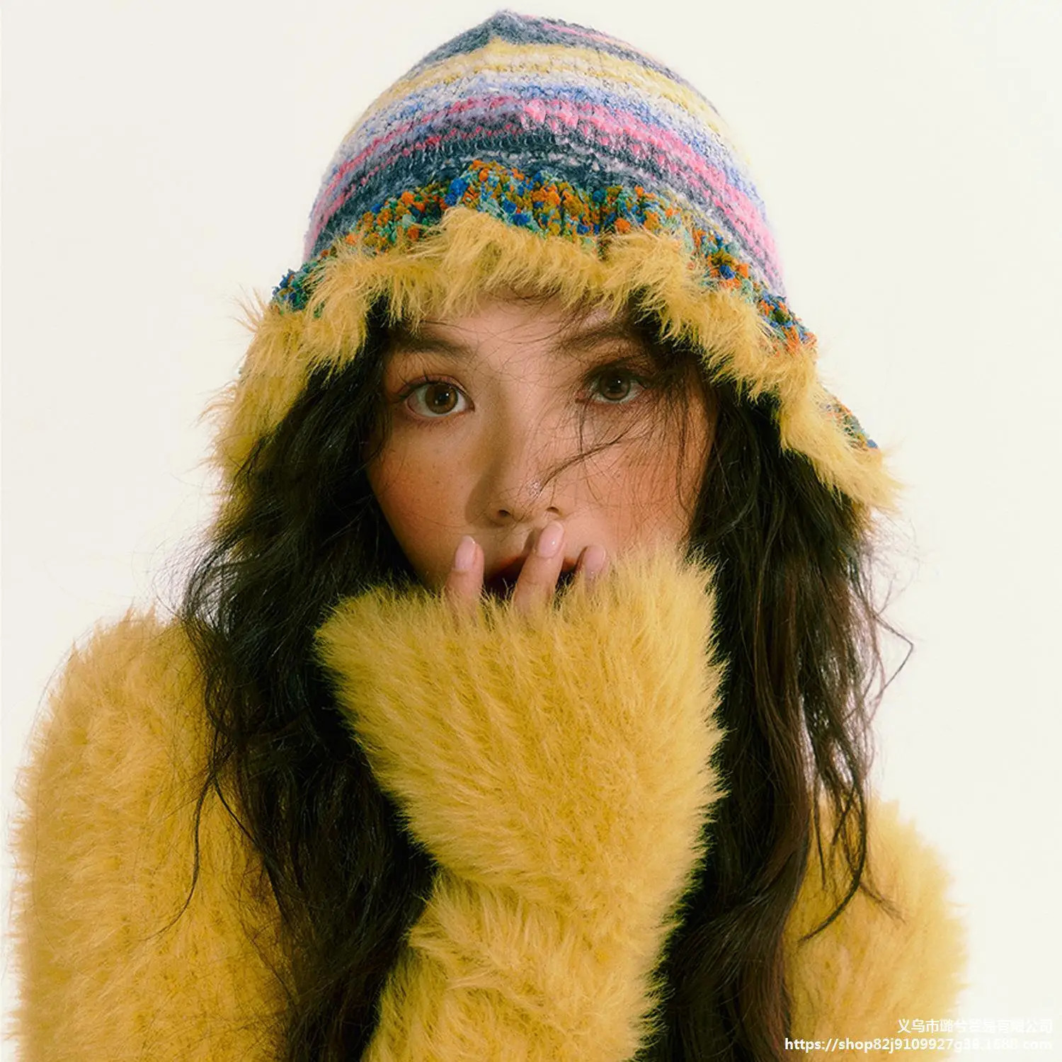 Women Knit Bucket Hat Retro Color Stripe Painting Style Ruffle Brim Warm Winter Crochet Basin Cap Autumn Ladies Fashion 250819