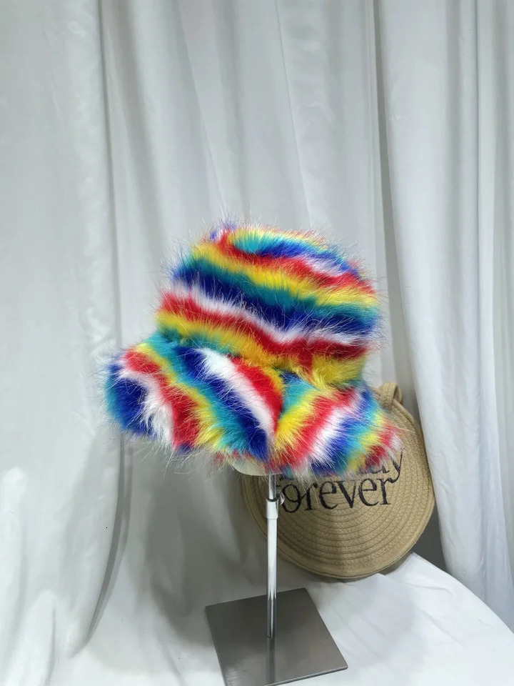 Korean Version Autumn And Winter Faux Fur Fisherman Hat Womens Rainbow Color Blocked Plush Warm Basin Hat 250819