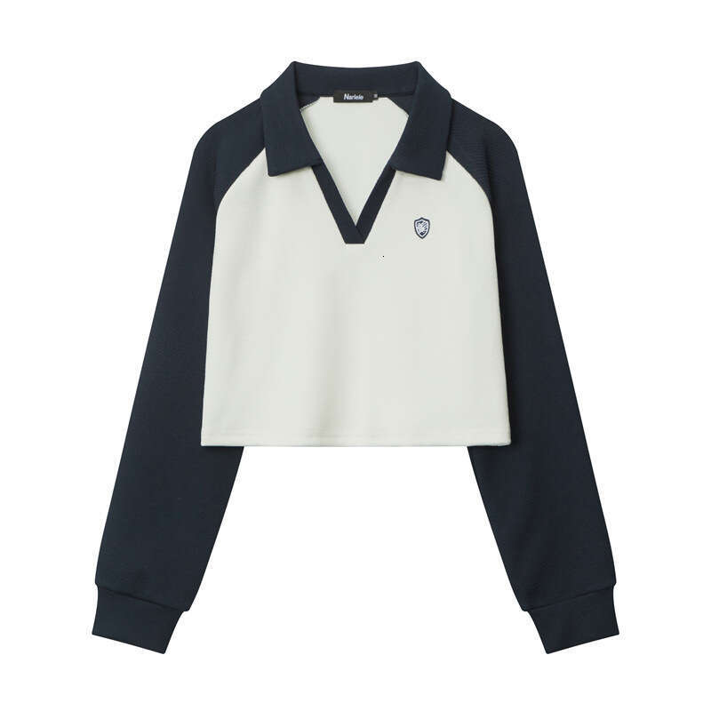 Spring New American Style Hot Girl Slim Fit Short T-Shirt Color Block V-Neck Long Sleeve Top For Women B5