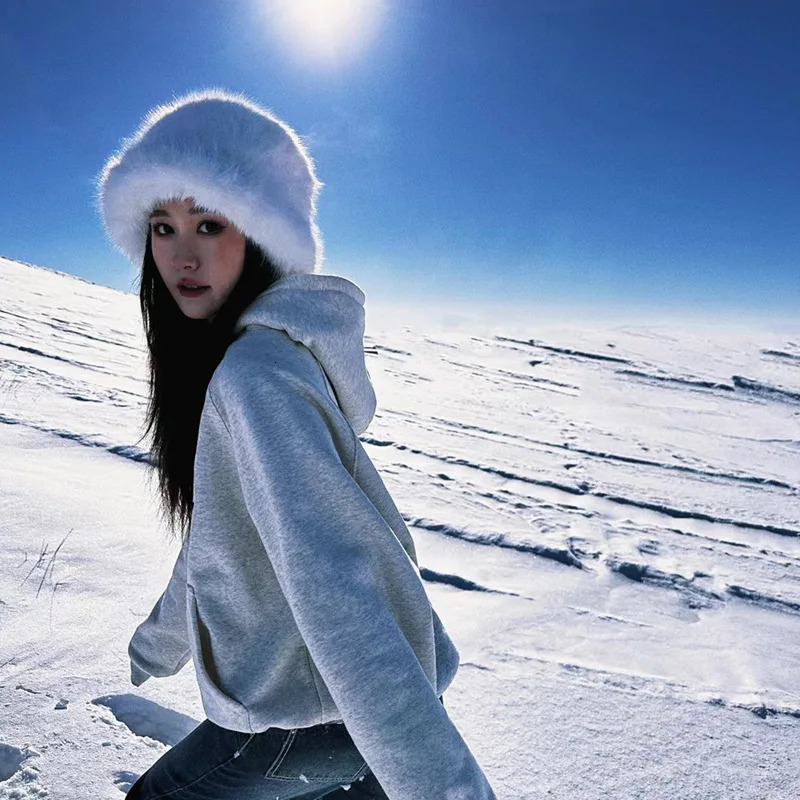 Fluffy Faux Fur Bucket Hat Rabbit Fur Warm Thick Plush Winter Hat Lady Fashion Panama Furry Fisherman Cap Y2k 250819