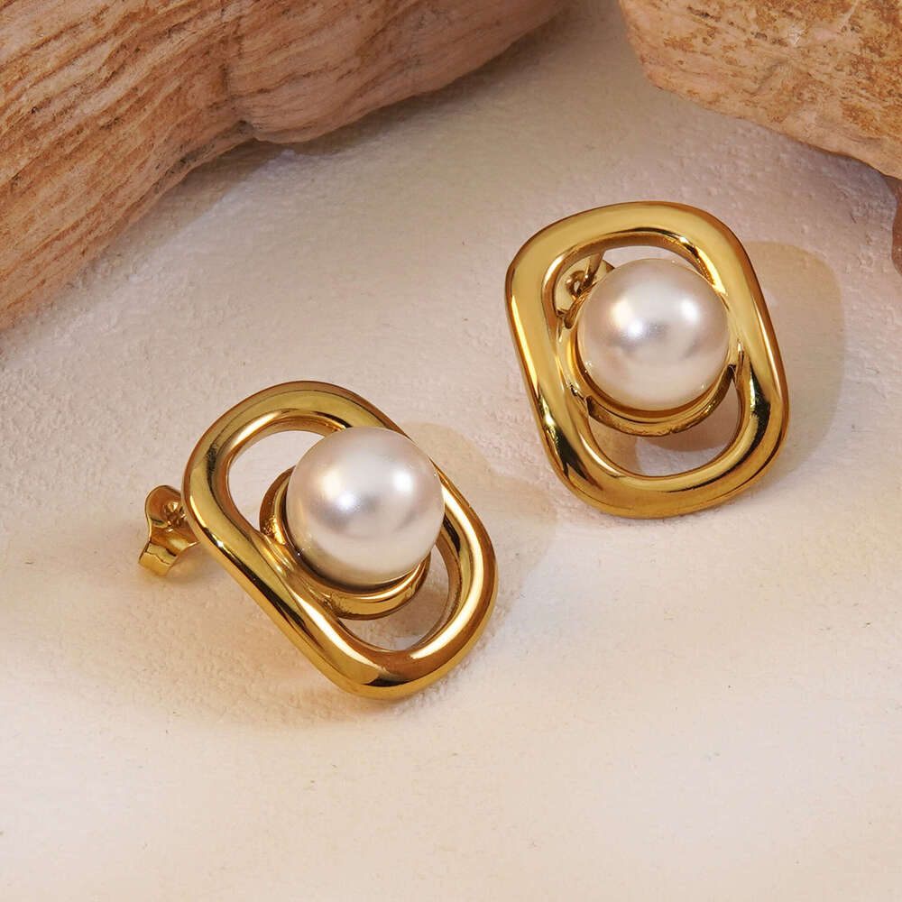 Square Geometric Hollow Earrings with Small Beads, Ladylike Style, Autumn and Winter