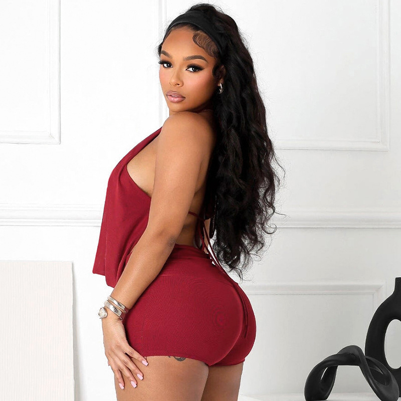 D9525 Womens Fashion Sexy Halter Neck Swing Collar Backless Tie Solid Color Mesh Two-Piece Set