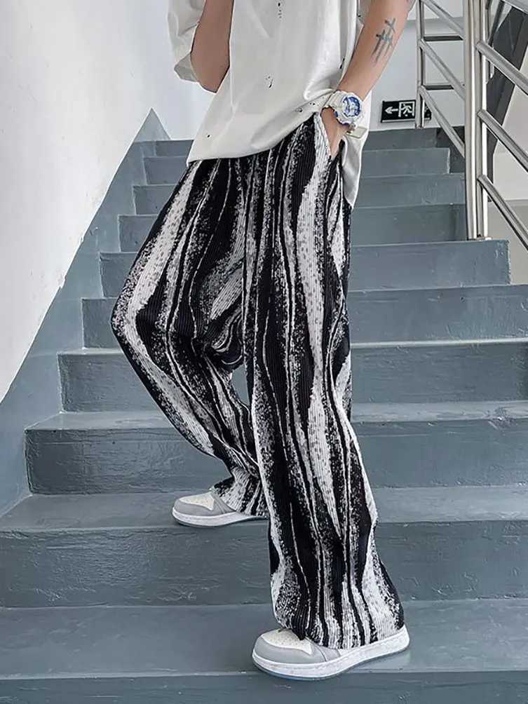 Streetwear Tie-Dye Ice Silk Summer Baggy Wide Leg Oversize Pants Men Japanese Harajuku Straight Long Trousers Korean Popular W250819