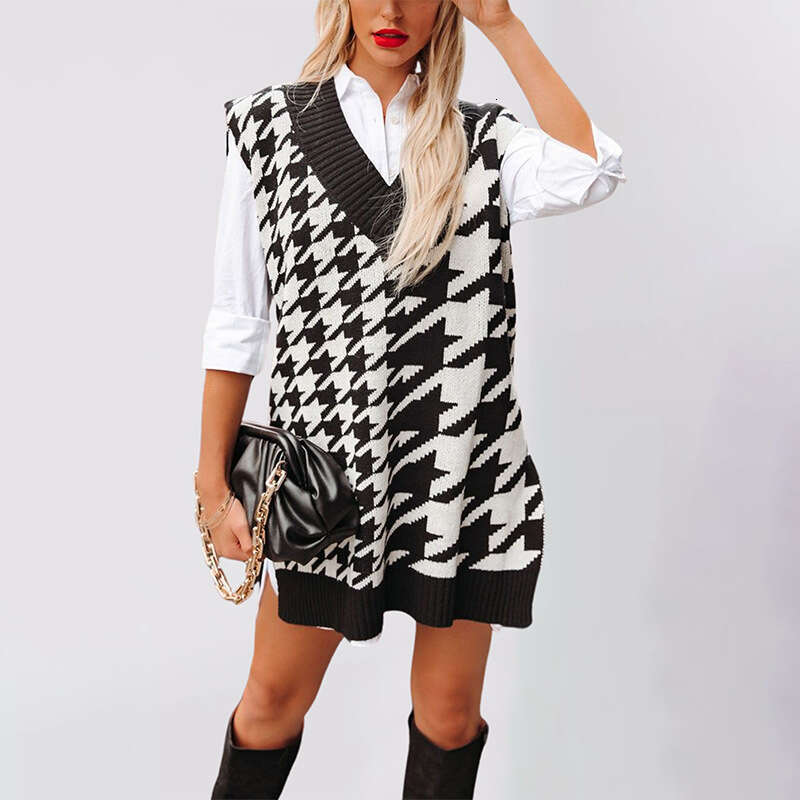 Autumn Winter New Women's Clothing Loose V-Neck Houndstooth Knitted Sweater Sleeveless Vest Waistcoat B5