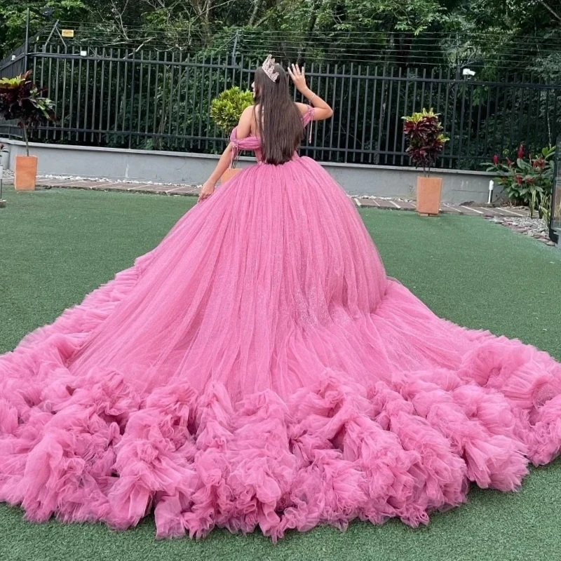Pink Shiny Ball Gown Quinceanera Dresses Off The Shoulder Beading Pearl Tull Corset Vestidos 15 De Anos Sweet 16 Dress