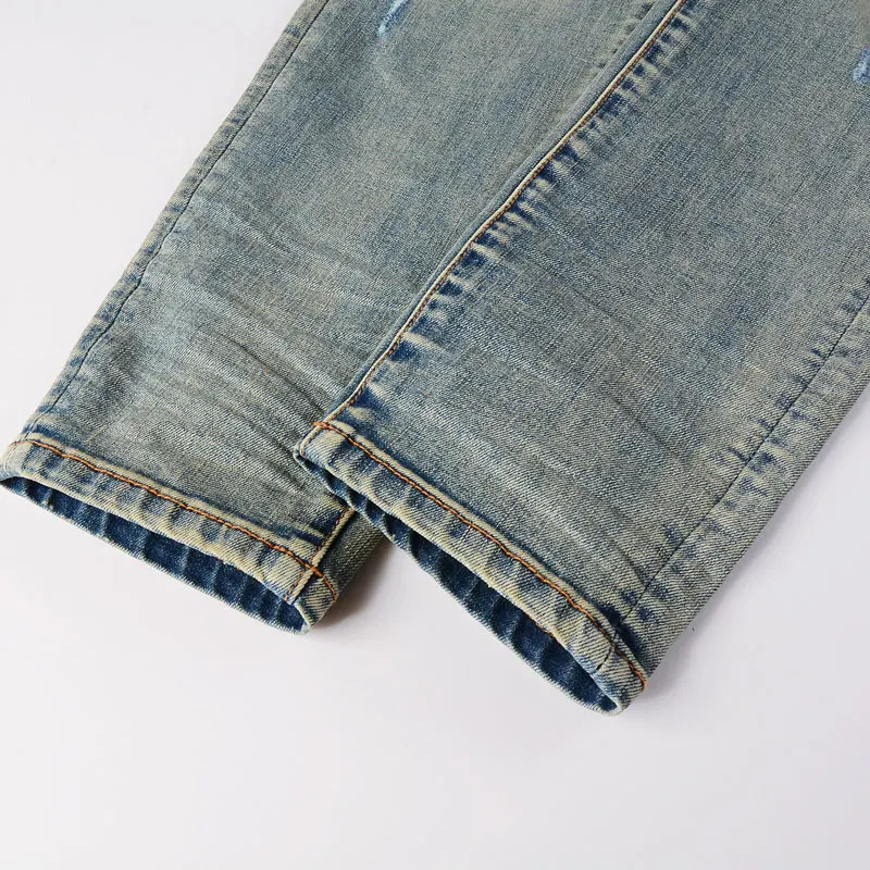 Fashionable jeans with stretch slim fit ripped holes patchwork leather red patches washed with water nostalgic retro 250818