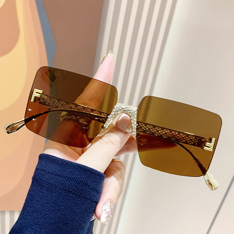 Letter F Diamond Frameless Square Sunglasses Retro Sunglasses Fashion Street Photo Metal Hollow Sun Glasses