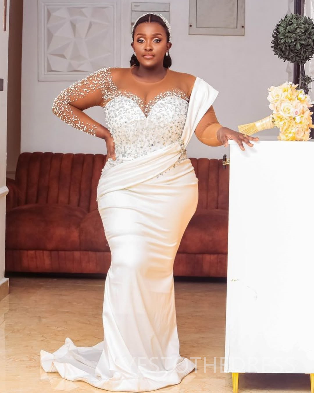 Plus Size Ivory Aso Ebi African Wedding Dress Bridal Gown For Bride Mermaid Wedding Gowns Sheer Neck Long Sleeves Beaded Rhinestones Bridal Dress D613