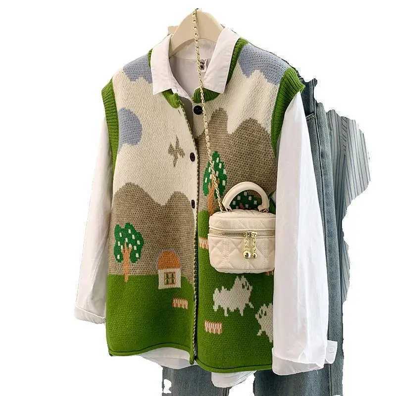 2025 Autumn Winter Korean Style Youthful Jacquard Knit Cardigan Vest Women Oversized Sleeveless Sweater Coat Layering XJ250819