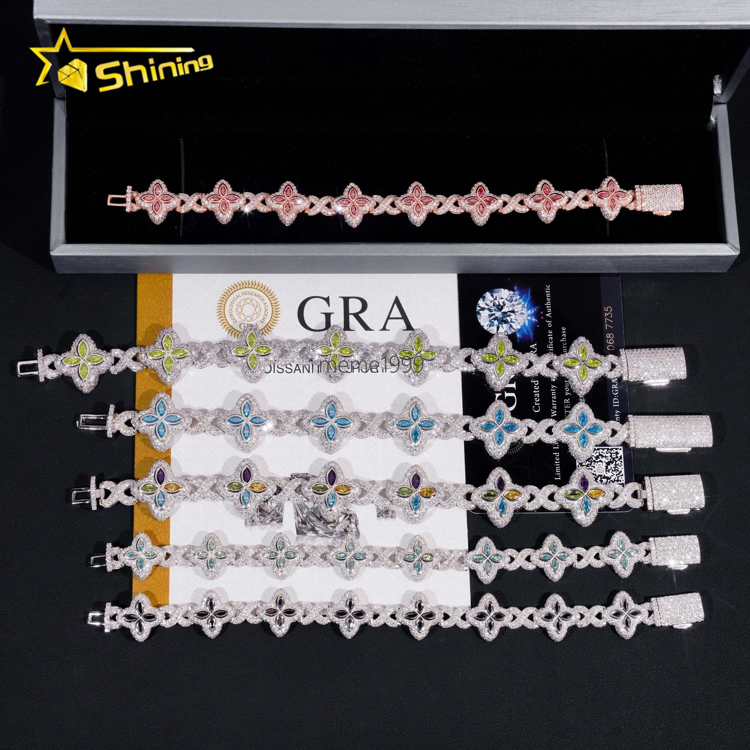New Arrivals 925 Silver Color Marquise Clover Hip Hop Moissanite Diamond Infinity Link Bracelet