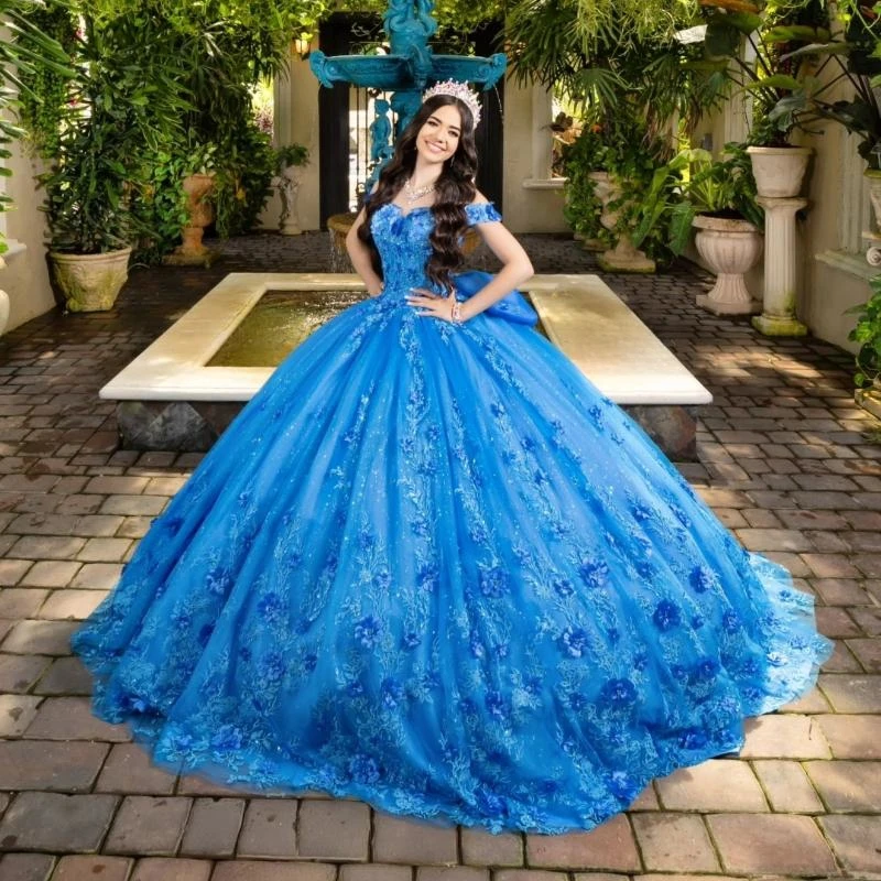 Blue Quinceanera Dress Off The Shoulder Applique Flower Beading Bow Tull Ball Gown Vestidos De 15 Anos Sweet 16 Dress