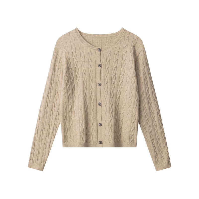 Cable Knit Design Single-Breasted Knitted Cardigan Women's Long Sleeve Coat Casual Soft Sweater B5