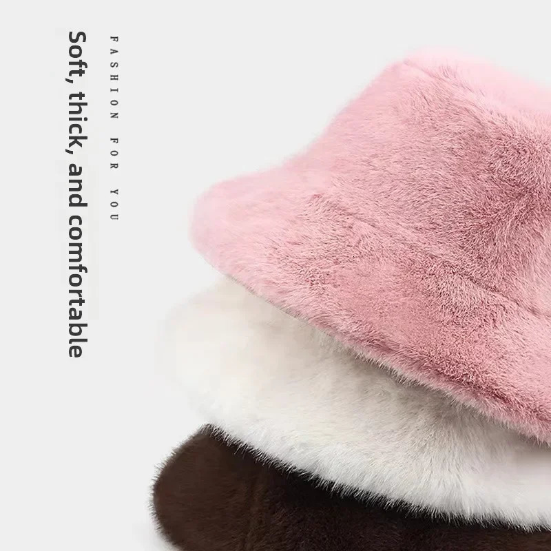 Fluffy Fur Fisherman Hat for Women Winter Plush Ear Protection Cap Solid Fashion Bucket Hat Windproof Warm Female Panama Caps 250819