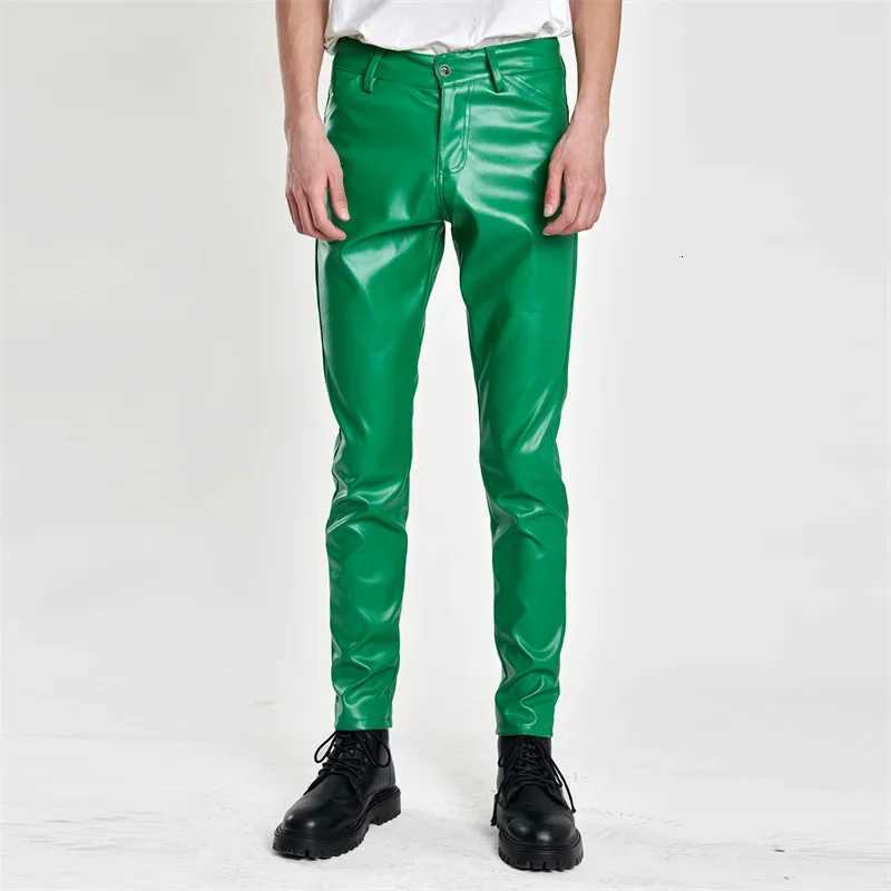 New Men Solid Color Slim Fit Faux Leather Pants Green / White / Black Men Bar KTV High Street Biker Trousers W250819